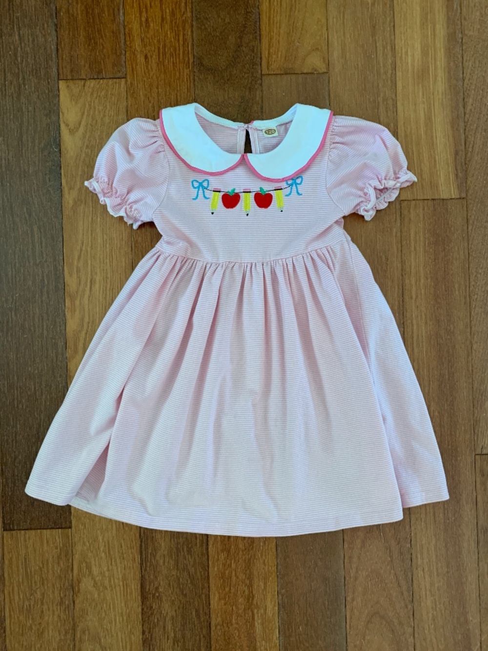 Toddler Girls Pink White Striped Back to School Embroidered Short Sleeve Dress 3